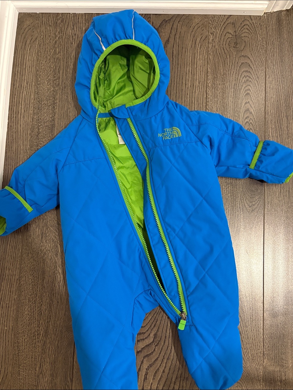 The North Face Bright Blue Snowsuit with Lime Green Lining